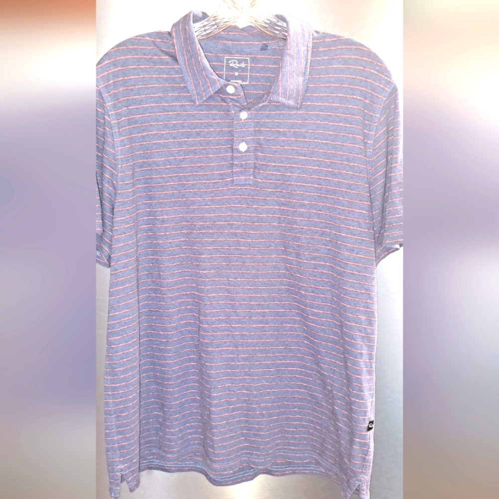 RAILS Men’s Casual S/S Striped Hemp Cotton Polo Shirt Blue W/Orange Stripes Med